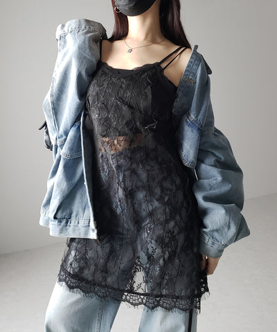 【 ２color 】チュールドッキングレースチュニックキャミソール ／ tulle docking lace tunic camisole