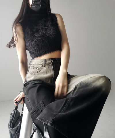 【 ２color ／４size 】ブロッキングバイカラーオーバーダイワイドデニム ／ blocking bicolor overdye wide denim