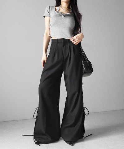 レースアップダブルタックワイドスラックス ／ laceup double tack wide slacks