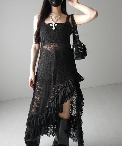 【 ２color 】アシンメトリーフリルレイヤードレースキャミワンピース ／ asymmetry frill layered lace cami onepiece