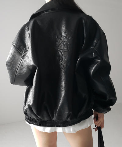 【 ２color 】バックリボン刺繍ヴィンテージライクフェイクレザーブルゾン ／ back ribbon vintage like fake leather blouson