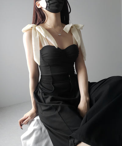 【 レディース水着 】ショルダーリボンバイカラーワンピース水着 ／ shoulder ribbon bicolor onepiece swimwear