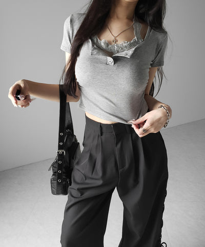 レースアップダブルタックワイドスラックス ／ laceup double tack wide slacks