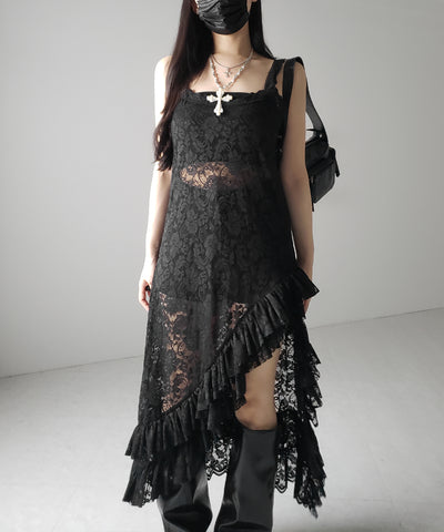 【 ２color 】アシンメトリーフリルレイヤードレースキャミワンピース ／ asymmetry frill layered lace cami onepiece