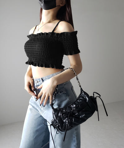 【 レディース水着／２点セット 】オフショルダーシャーリングギャザーハイウエストビキニ ／ off shoulder shirring gather highwaist bikini