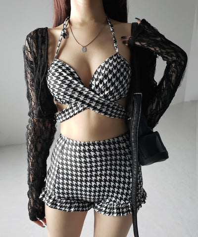 【 レディース水着／２点セット 】千鳥格子柄クロスウエストリボンハイウエストビキニ ／ houndstooth pattern cross waist ribbon high waist bikini
