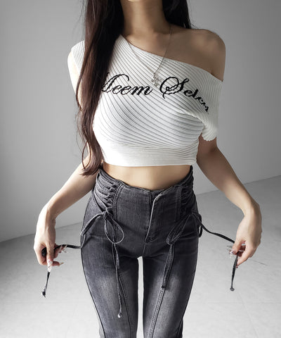 サイドレースアップリボン美脚ストレッチフレアデニム ／ side laceup ribbon slim leg stretch flare denim