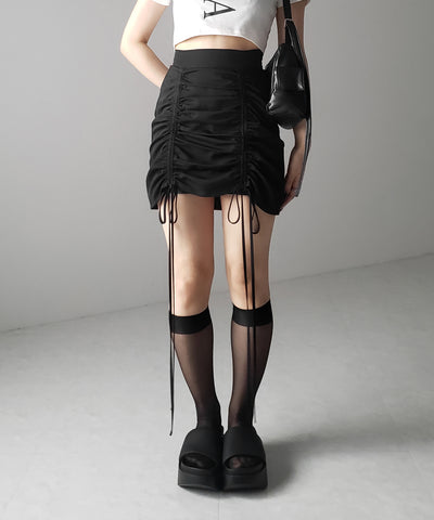 【 インパン裏地付 ／ セルフカット調節可能 】 ストラップダブルリボンシャーリングミニスカート ／ strap double ribbon shirring mini skirt