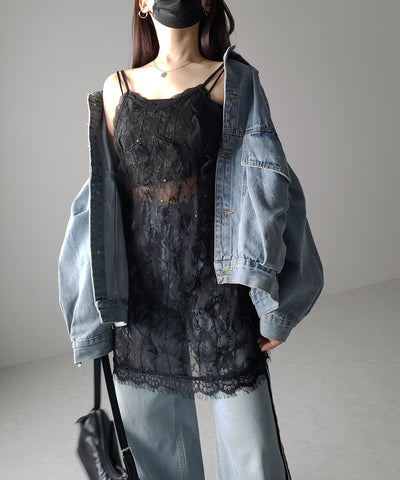 【 ２color 】チュールドッキングレースチュニックキャミソール ／ tulle docking lace tunic camisole
