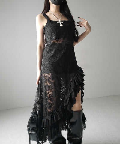 【 ２color 】アシンメトリーフリルレイヤードレースキャミワンピース ／ asymmetry frill layered lace cami onepiece