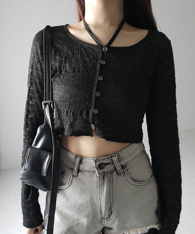 【 ２WAY 】クロスストラップリボンショートレースカーディガン ／ cross strap ribbon short lace cardigan