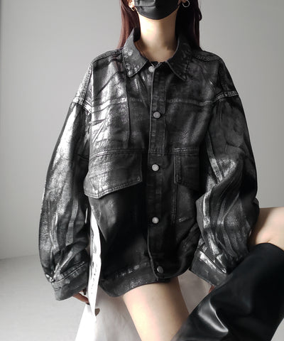 【 ２color 】メタリックハクプリントビッグシルエットボーイフレンドウォッシュデニムジャケット
