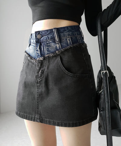 【 ３size ／ ２color 】ダメージドッキングヴィンテージデニムミニスカート ／damage docking vintage denim mini skirt