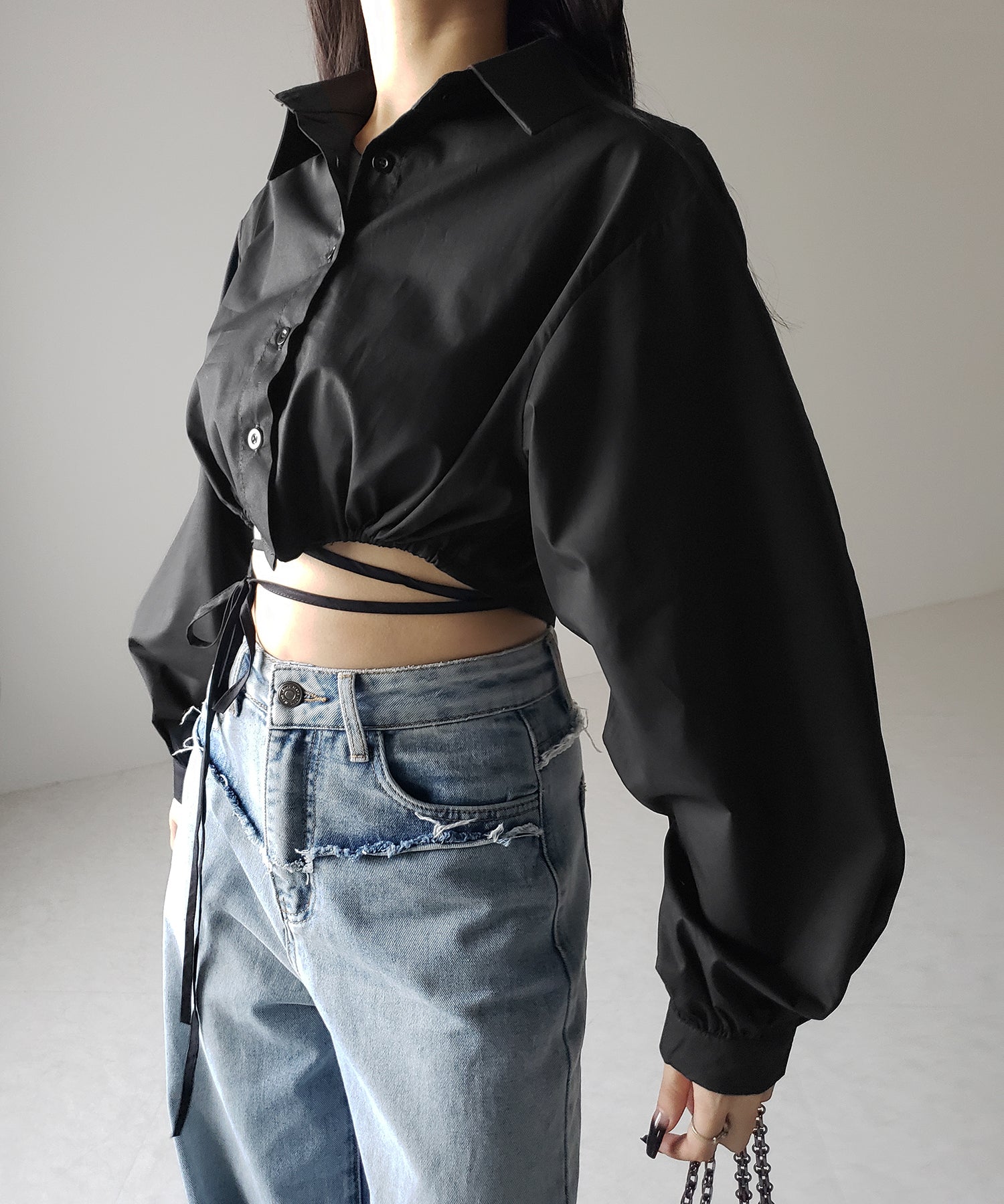 【 ２color 】クロスストラップリボンショートシャツ ／ cross strap ribbon short shirts