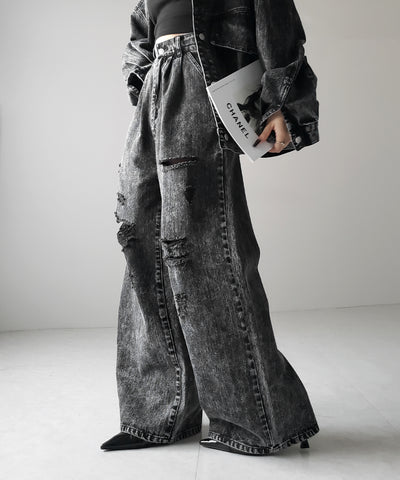 【 デニムセットアップ着用可能 】ヴィンテージケミカルブリーチタックダメージワイドデニム ／ vintage chemical bleach tuck damage wide denim