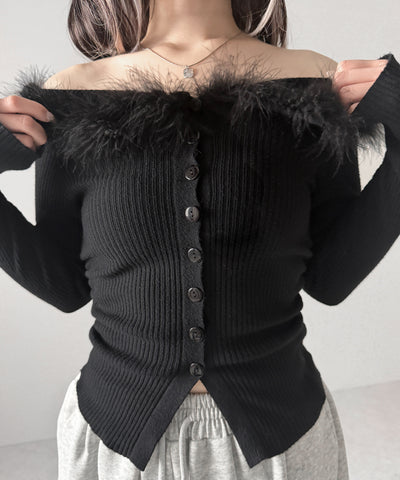 フェザーファー襟オフショルリブニットトップス ／feather fur collar off shoulder rib knit tops