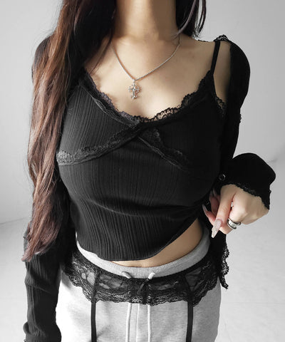 【 ２点セット 】レースドッキングリブキャミソール ＋ カーディガンセット ／ lace docking lib camisole + cardigan SET