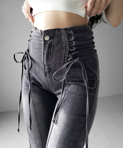 サイドレースアップリボン美脚ストレッチフレアデニム ／ side laceup ribbon slim leg stretch flare denim