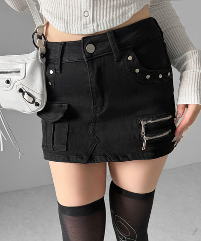 スタッズジップデザインストレッチデニムミニスカパン／ studs zip design stretch denim mini skirt pants