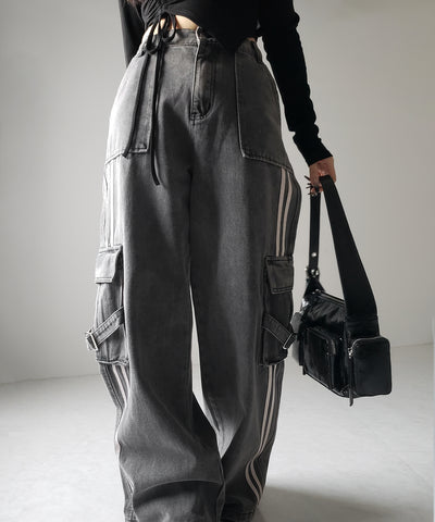 【 ２color ／ ４size 】サイドラインストレートカーゴデニムパンツ ／ sideline straight cargo denim pants