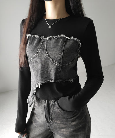 【 ２color 】ダメージデニムビスチェドッキングＴシャツ ／ damage denim bustier docking Tee