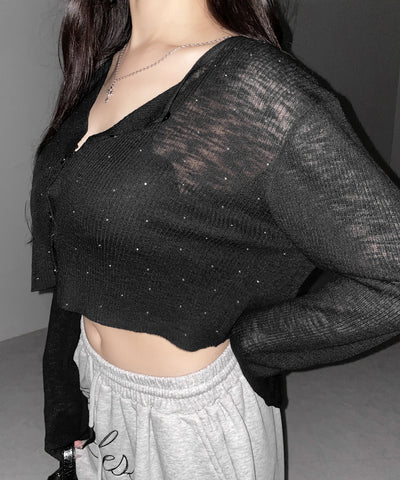 ラインストーンシアーニットカーディガン ／ Rhine stone sheer knit cardigan