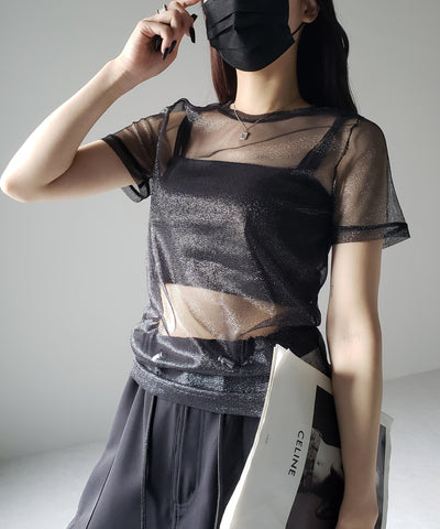 【 選べる３color／２size 】シルバーラメチュールシースルーTシャツ