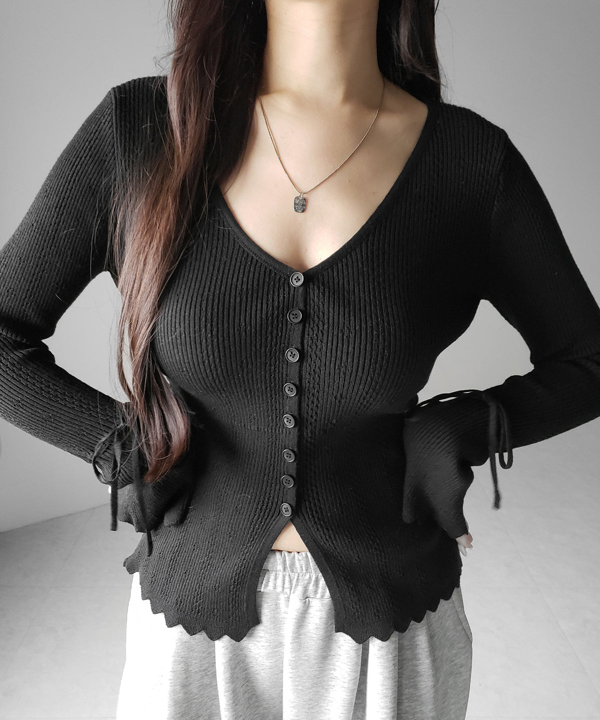 フレアリボンスリーブ透かし編みニットカーディガン ／ flare ribbon sleeve openwork knit cardigan