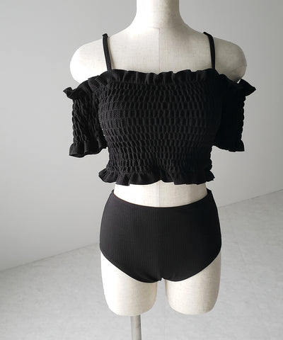 【 レディース水着／２点セット 】オフショルダーシャーリングギャザーハイウエストビキニ ／ off shoulder shirring gather highwaist bikini