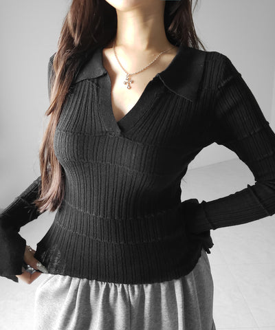 スキッパーネックスリムリブニットトップス ／ skipper neck slim rib knit tops