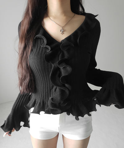 シアーフリル長袖リブニットカーディガン ／ sheer frill long-sleeve ribbed knit cardigan