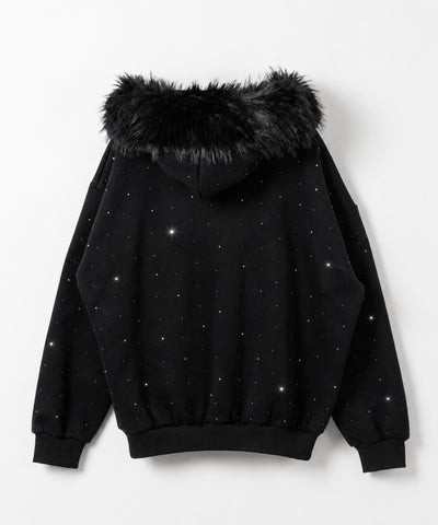 【先行販売】【 セットアップ 】ラインストーン裏起毛ファーフードオーバージップパーカー＆スウェットショートパンツSET ／ Rhine stone urakimo fur over zip hoodie ＆ sweat short pants SETUP