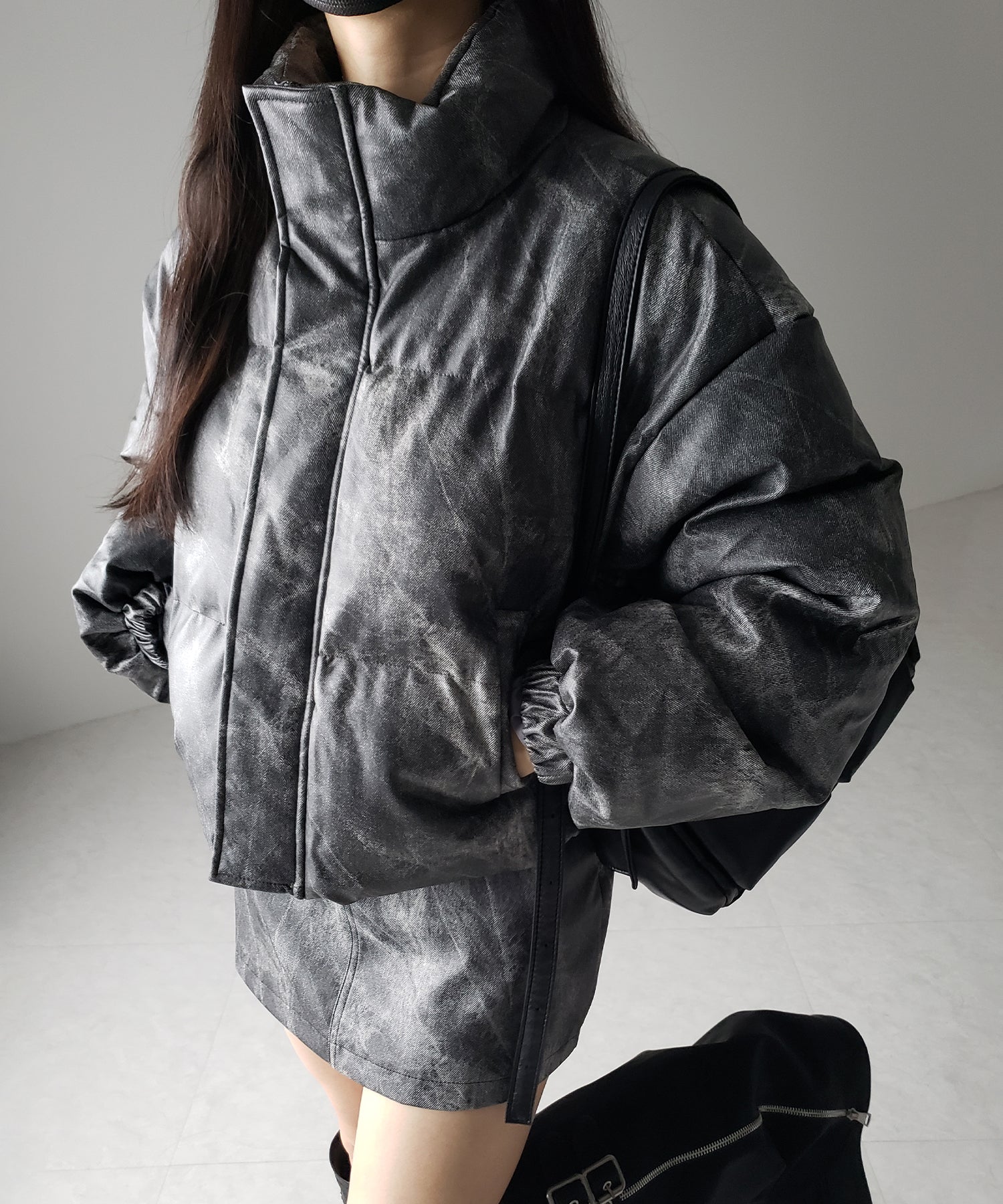 【 セットアップ着用可能 】ヴィンテージライクフェイクレザーショートダウンジャケット ／ vintage like fake leather short down jacket
