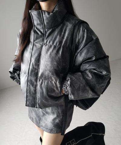 【 セットアップ着用可能 】ヴィンテージライクフェイクレザーショートダウンジャケット ／ vintage like fake leather short down jacket