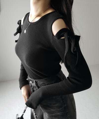 【 ３color 】カットアウトショルダーリボンリブトップス ／ Cut-out shoulder ribbon rib tops
