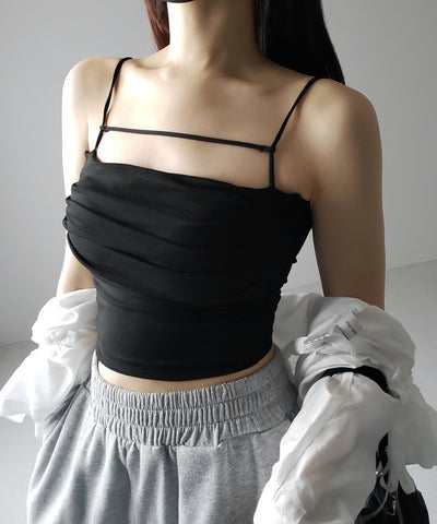 【 カップ付き／２WAY 】ラインストラップタックショートキャミソール ／ line strap tuck short camisole