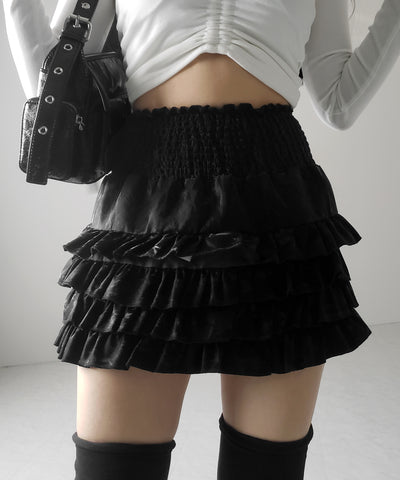 【 ３color ／インナーパンツ裏地付 】ハイウエストシャーリングフリルミニスカート ／ high waist shirring frill mini skirt