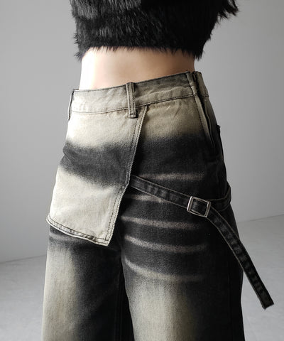 【 ２color ／４size 】ラップレイヤードバイカラーブリーチワイドデニム ／ wrap layered bicolor bleach wide denim