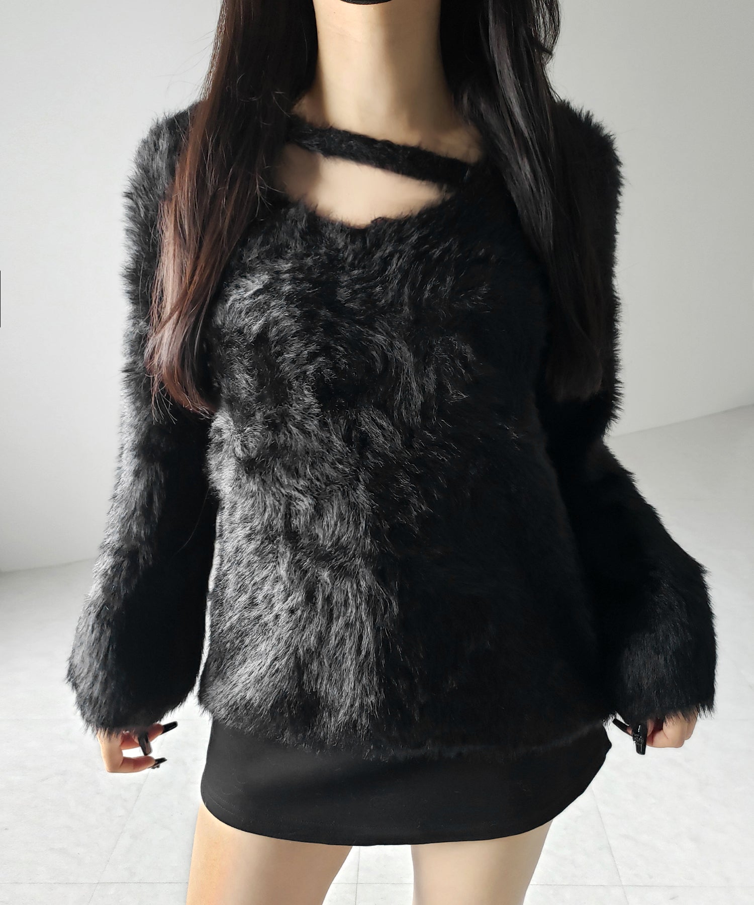 【 ３color 】ナナメストラップカットアウトシャギーニット ／ naname strap cutout shaggy knit