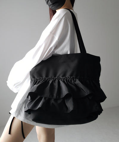 【 ２color 】ティアードフリルBIGキャンバストートバッグ ／ tiered frill big canvas tote bag