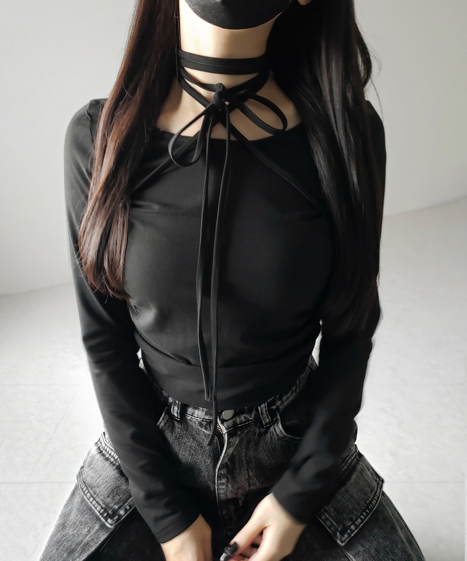 【 ３color 】クロスストラップロングチョーカーリボントップス ／ cross strap long choker ribbon tops