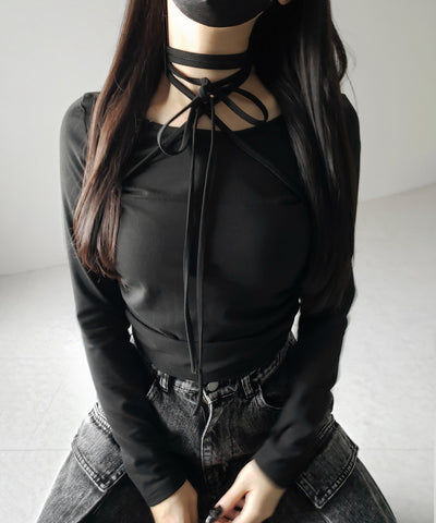 【 ３color 】クロスストラップロングチョーカーリボントップス ／ cross strap long choker ribbon tops