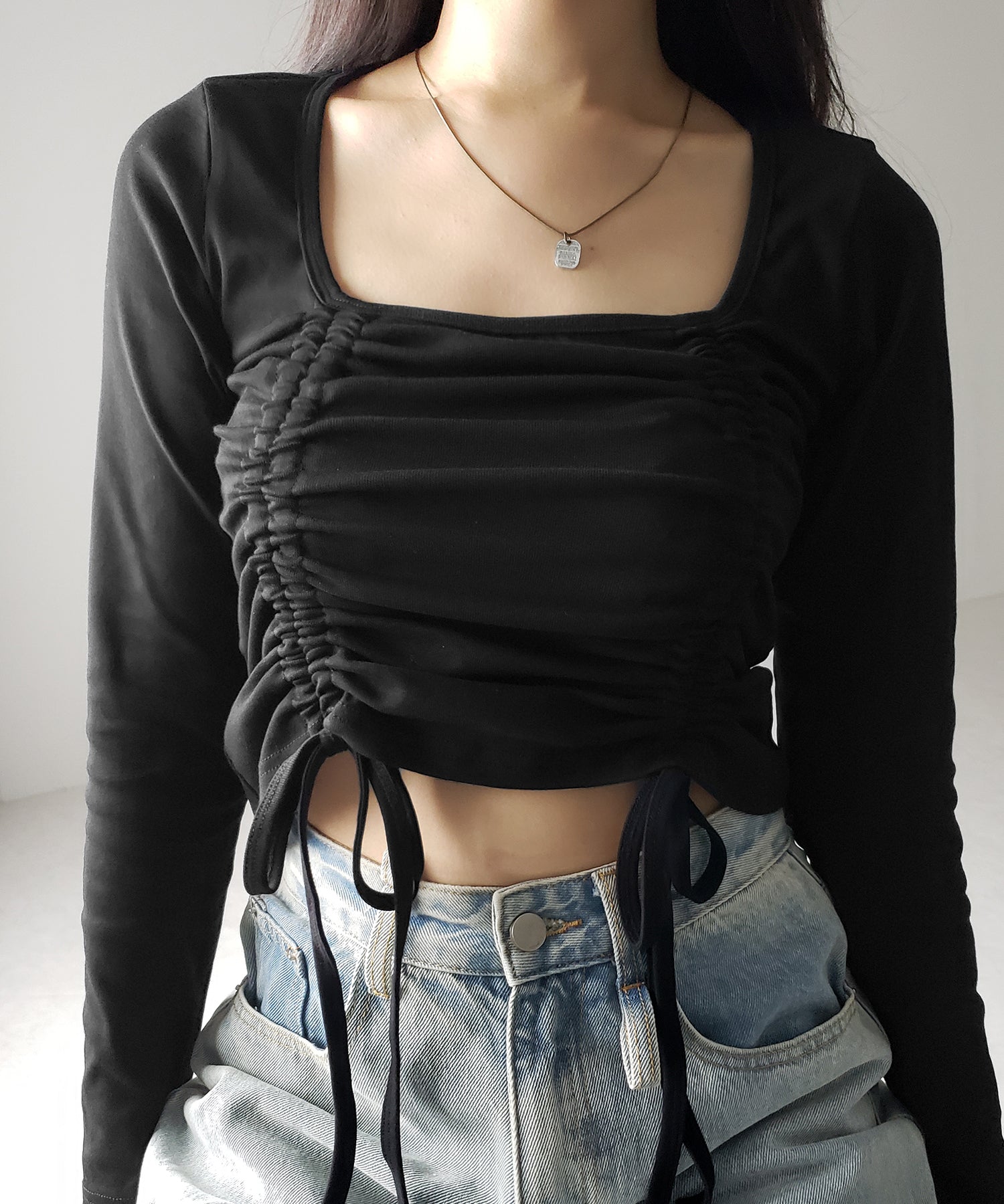 【 ３color 】 ダブルシャーリングリボンスクエアネックトップス ／ double shirring ribbon square neck tops