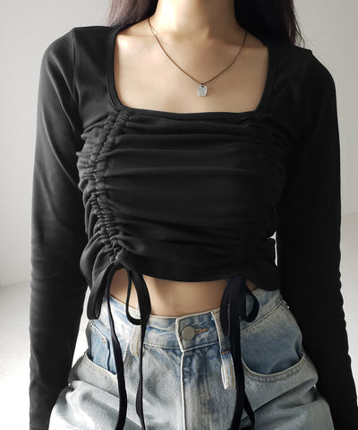 【 ３color 】 ダブルシャーリングリボンスクエアネックトップス ／ double shirring ribbon square neck tops