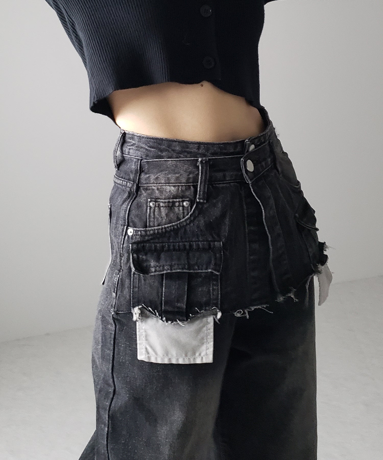 【 ４size ／ ２color 】ダブルウエストダメージレイヤードヴィンテージルーズデニム