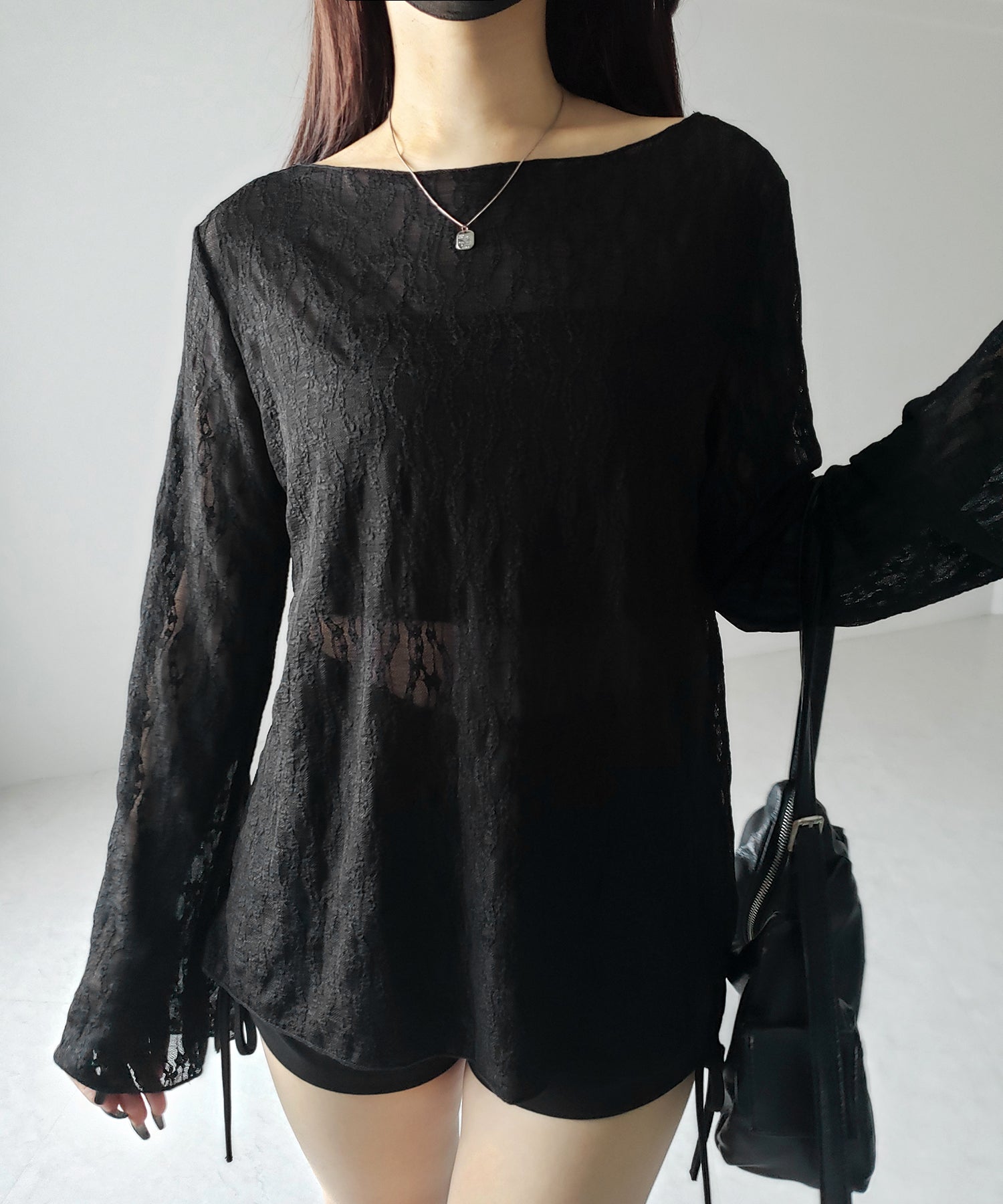 【 ２color 】ワイドスリーブオーバーシアーレーストップス ／ wide sleeve over sheer lace tops