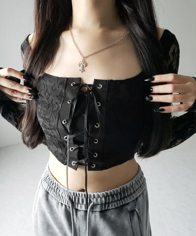 【 ２color 】レースアップコルセットリボンショートレーストップス ／ laceup corset ribbon short lace tops