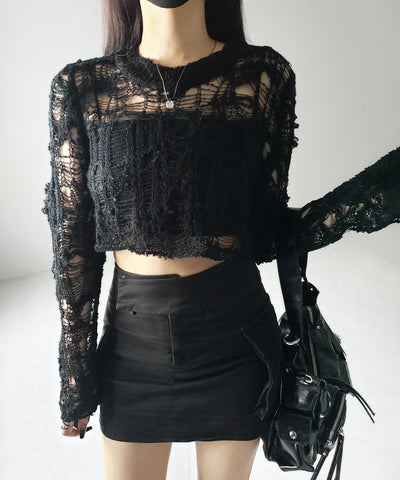 【 ２color 】クラッシュダメージショートシアーニット ／ crush damage short sheer knit