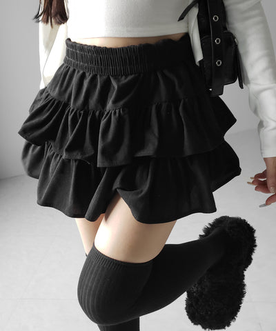 【 無地 or レオパードから選べる ／ インパン裏地付 】コーデュロイティアードフリルミニスカート ／ corduroy tiered frill mini skirt