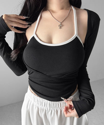 【２点セット 】２WAY クロスストラップショートカーディガン＋ ホルターリボンバイカラーキャミSET ／ 2WAY cross strap short cardigan + halter ribbon bicolor camisole SET